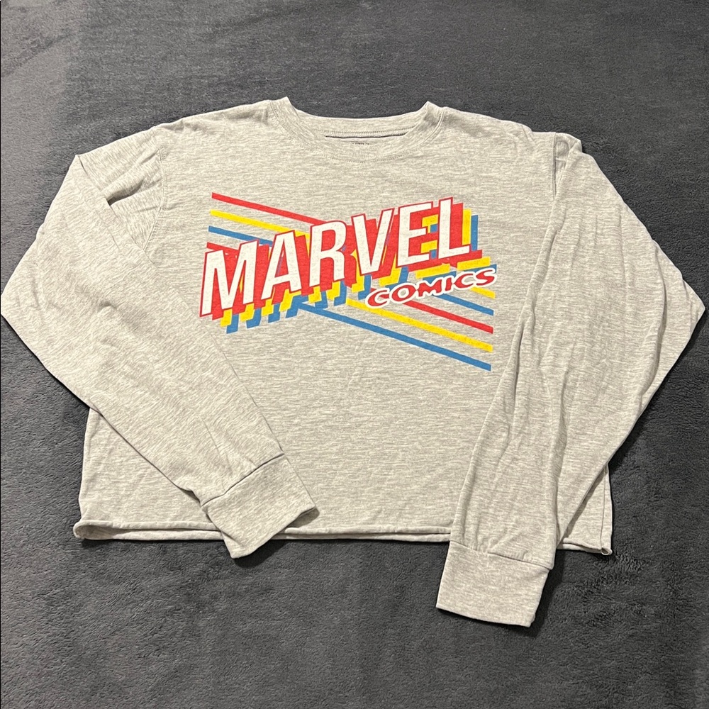 Mighty Fine Marvel Comics long sleeve crop top women’s medium gray rolled hem